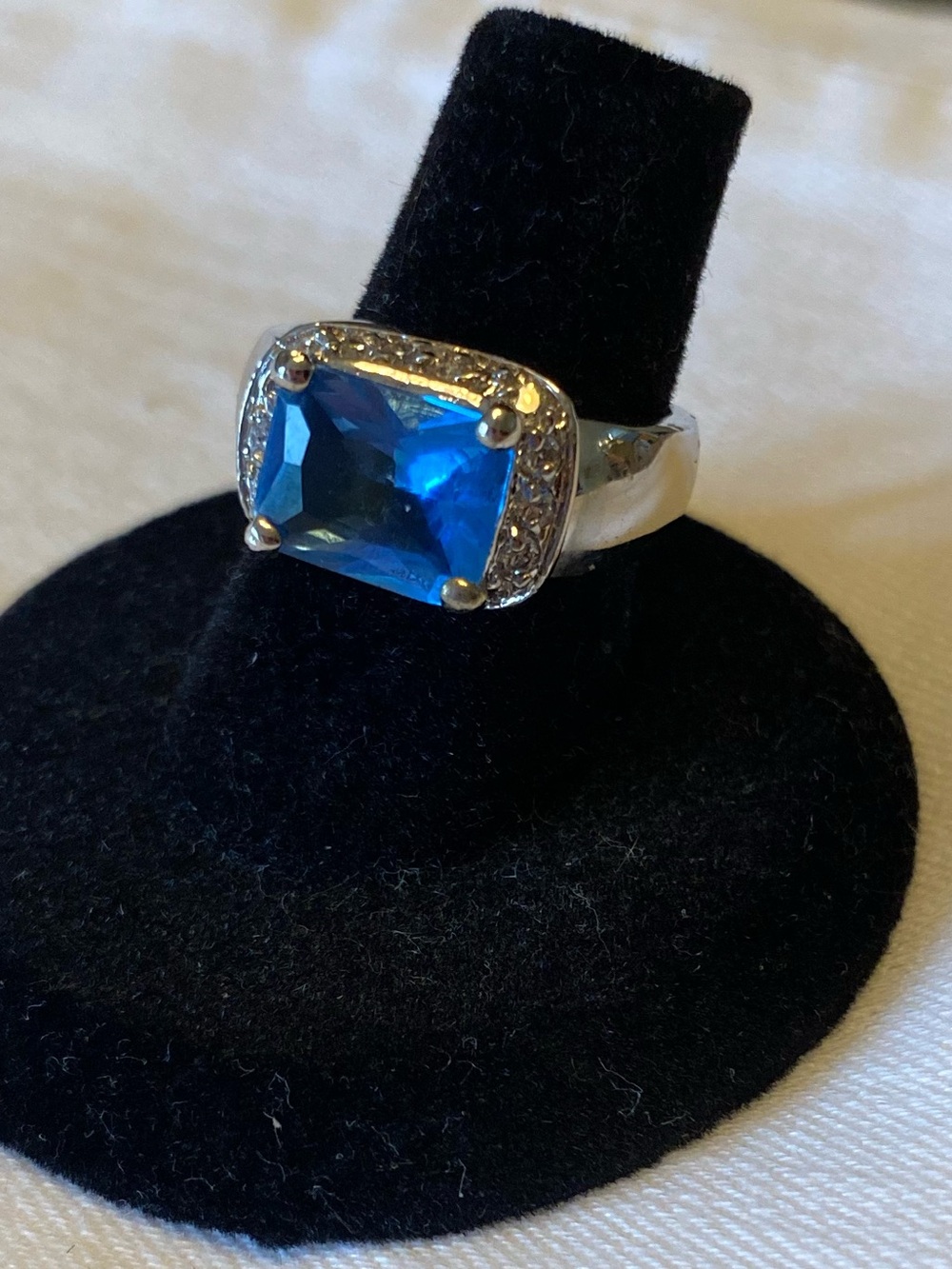 Elegant Blue Gemstone Sterling-Style Statement Ring, Size 7